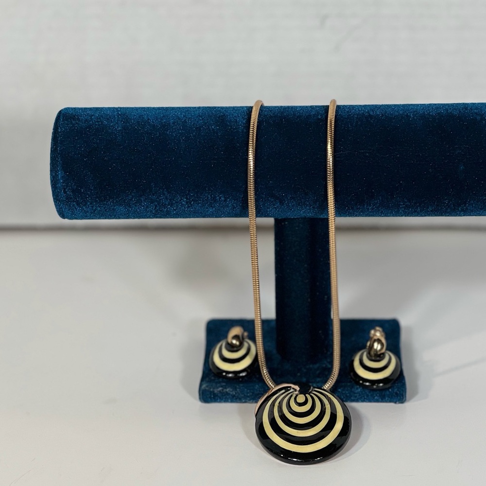 VTG Eisenberg Artist Series Black Ivory Enamel Necklace Clip Earrings Signed Set
